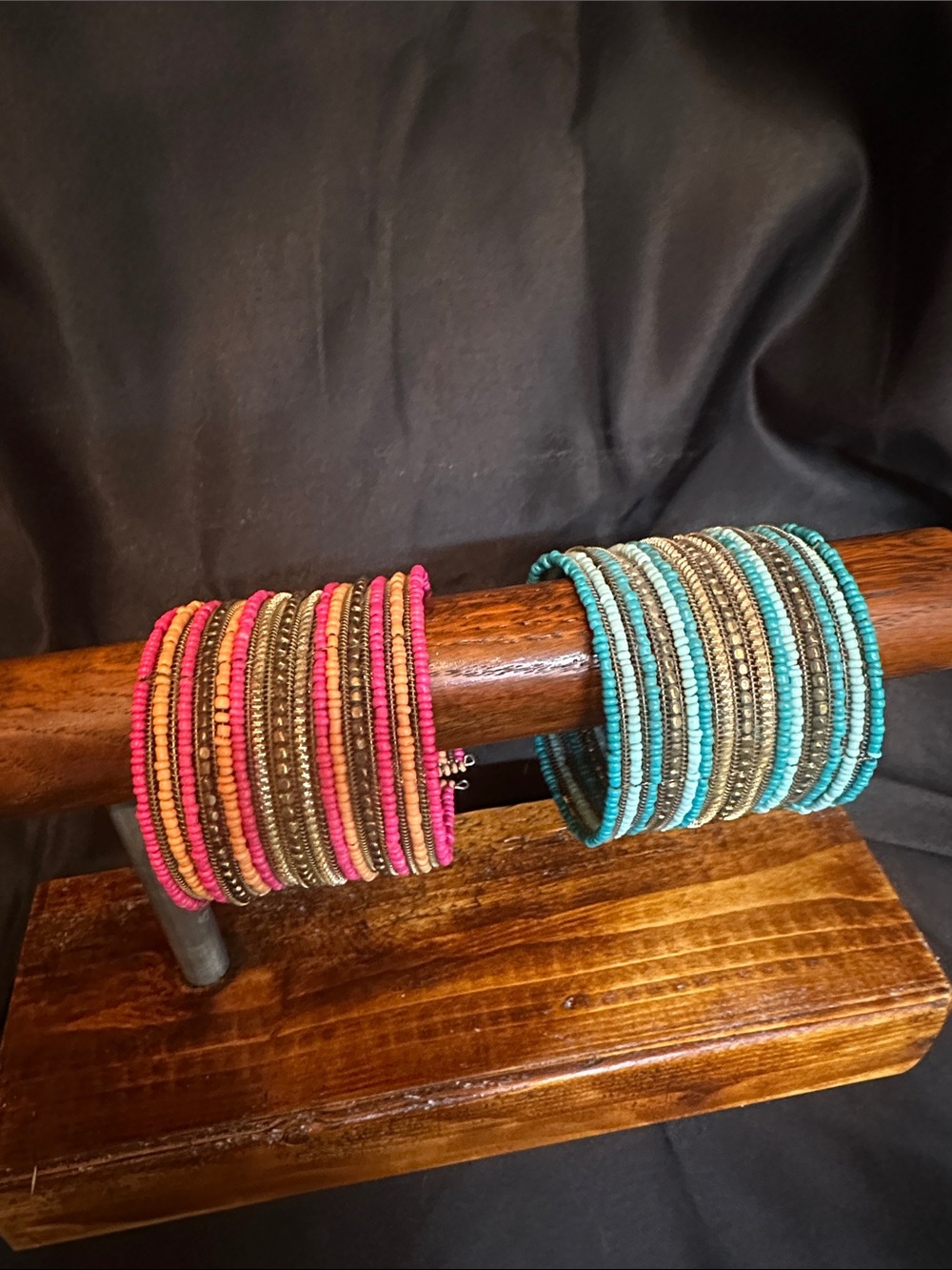 #JC70 Elegant Beaded Bangles Set of 2- Pink/Gold and Teal/Gold